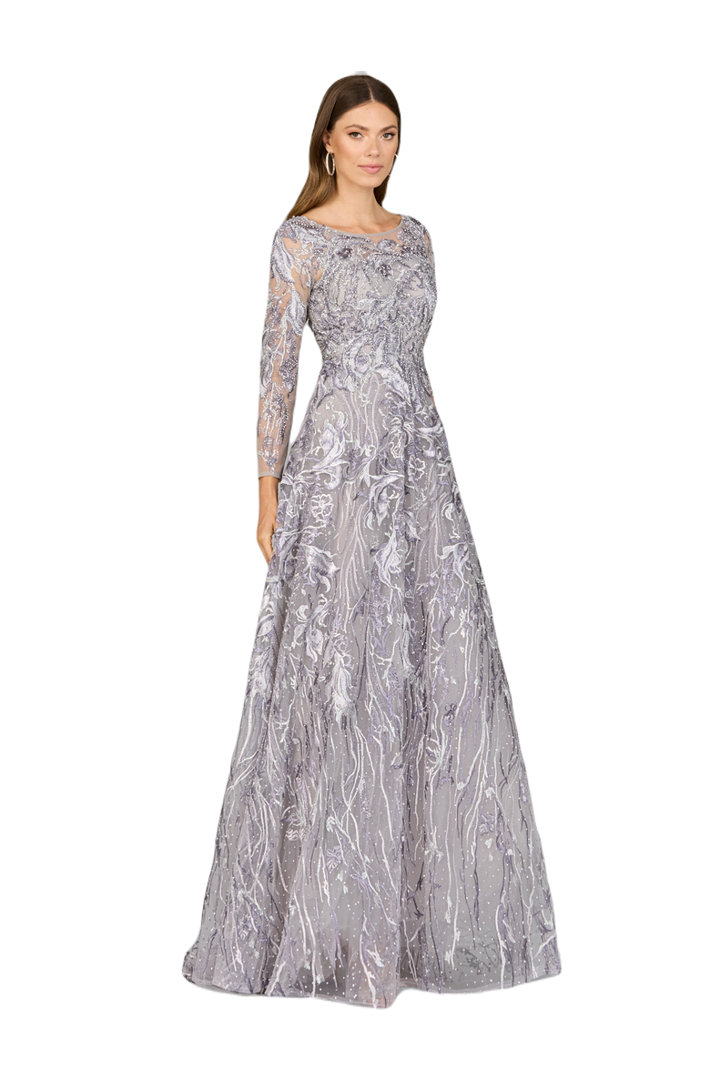 LARA New York Long Sleeve Modest A-line Gown, Main, color, Multi