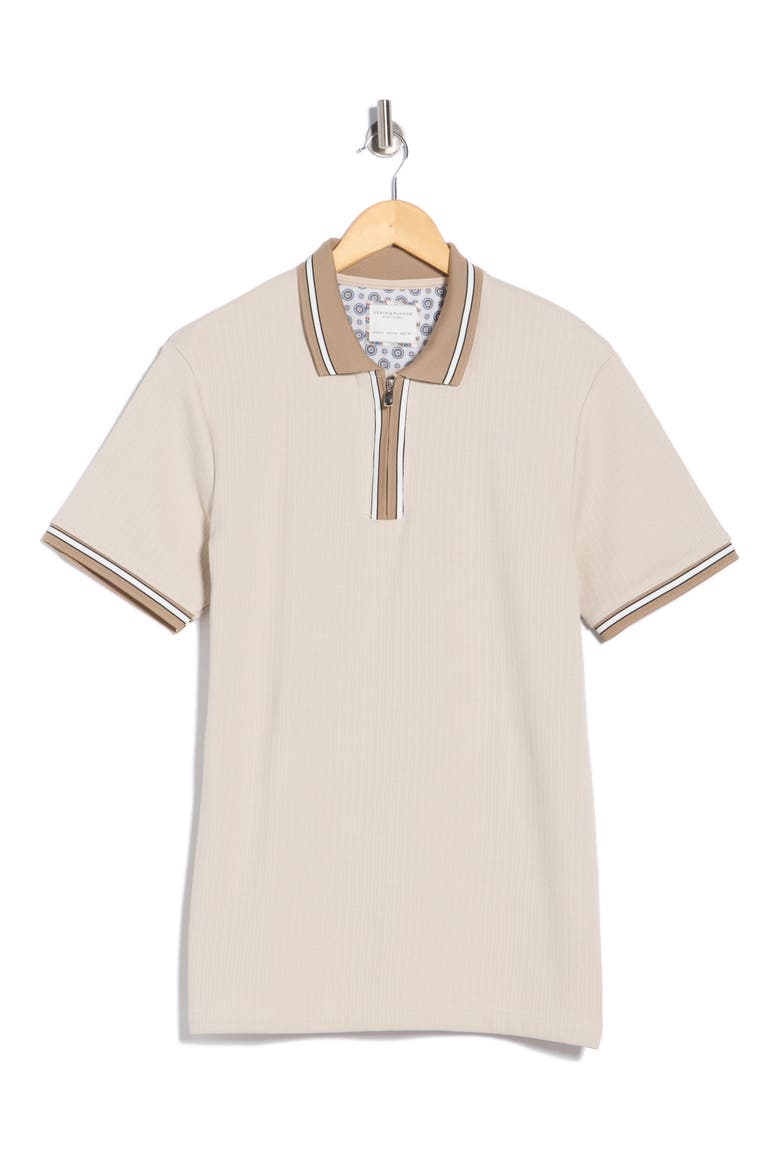 Sand Vertical Stripe Textured Polo, Alternate, color, KHAKI WHITE BLACK