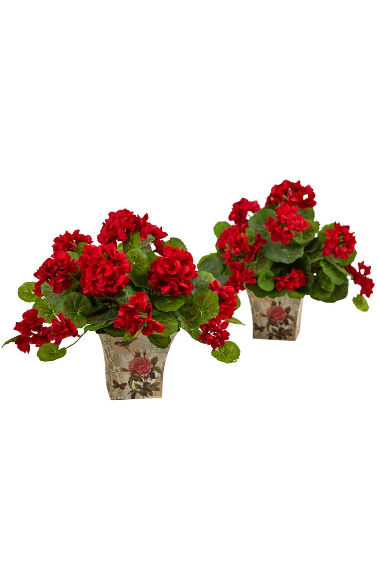 NEARLY NATURAL 11-in Geranium Flowering Artificial Plant with Floral Planter, Main, color, Red