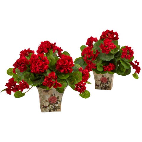 11-in Geranium Flowering Artificial Plant with Floral Planter (Set of 2)