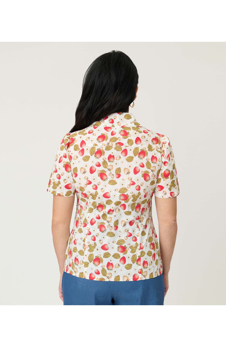 Unique Vintage 1940s Short Sleeve Collared Button Down Woven Blouse, Alternate, color, White W/ Strawberry Print