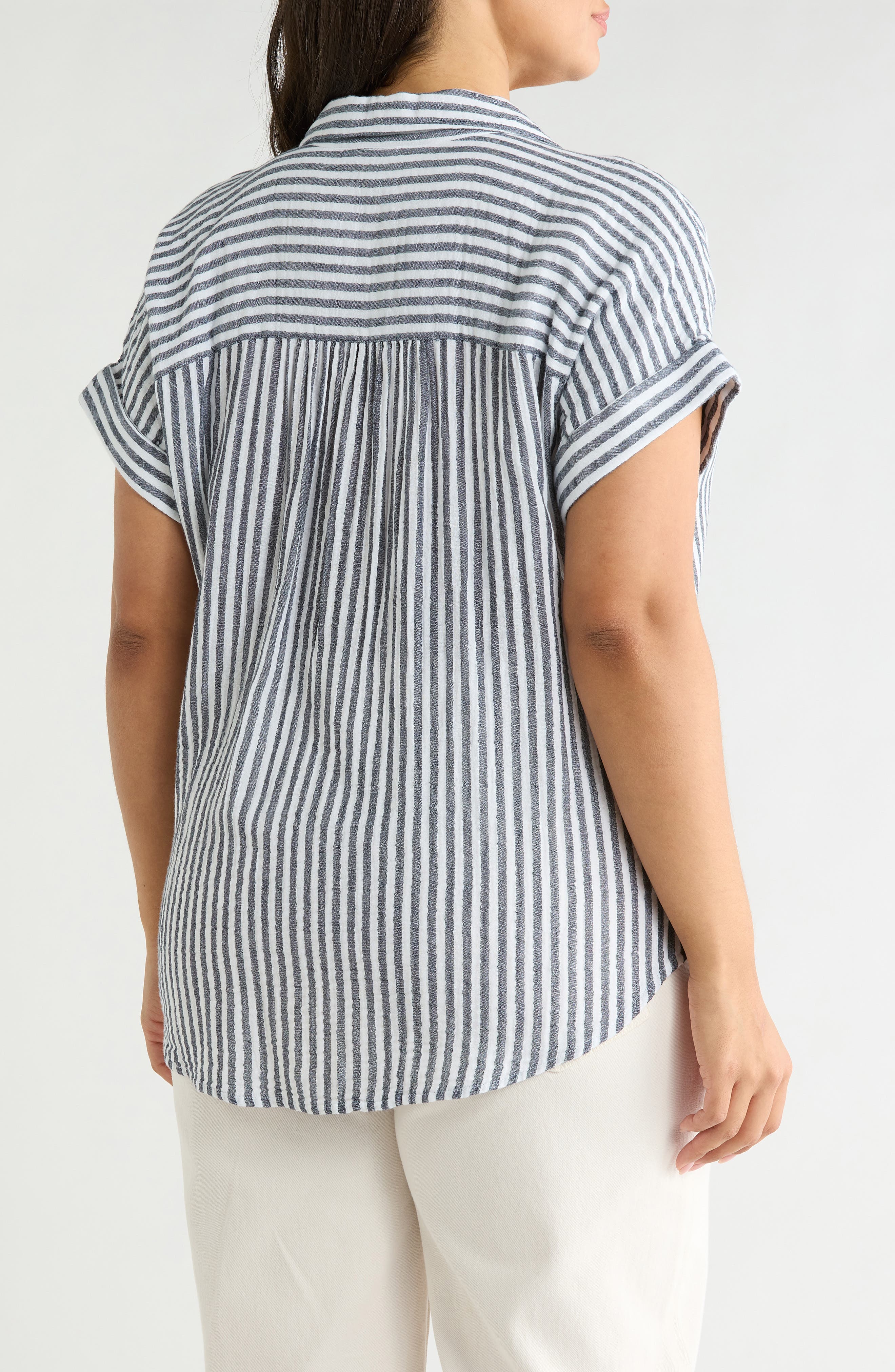 Stripe Short Sleeve Cotton Gauze Button-Up Shirt - image 2
