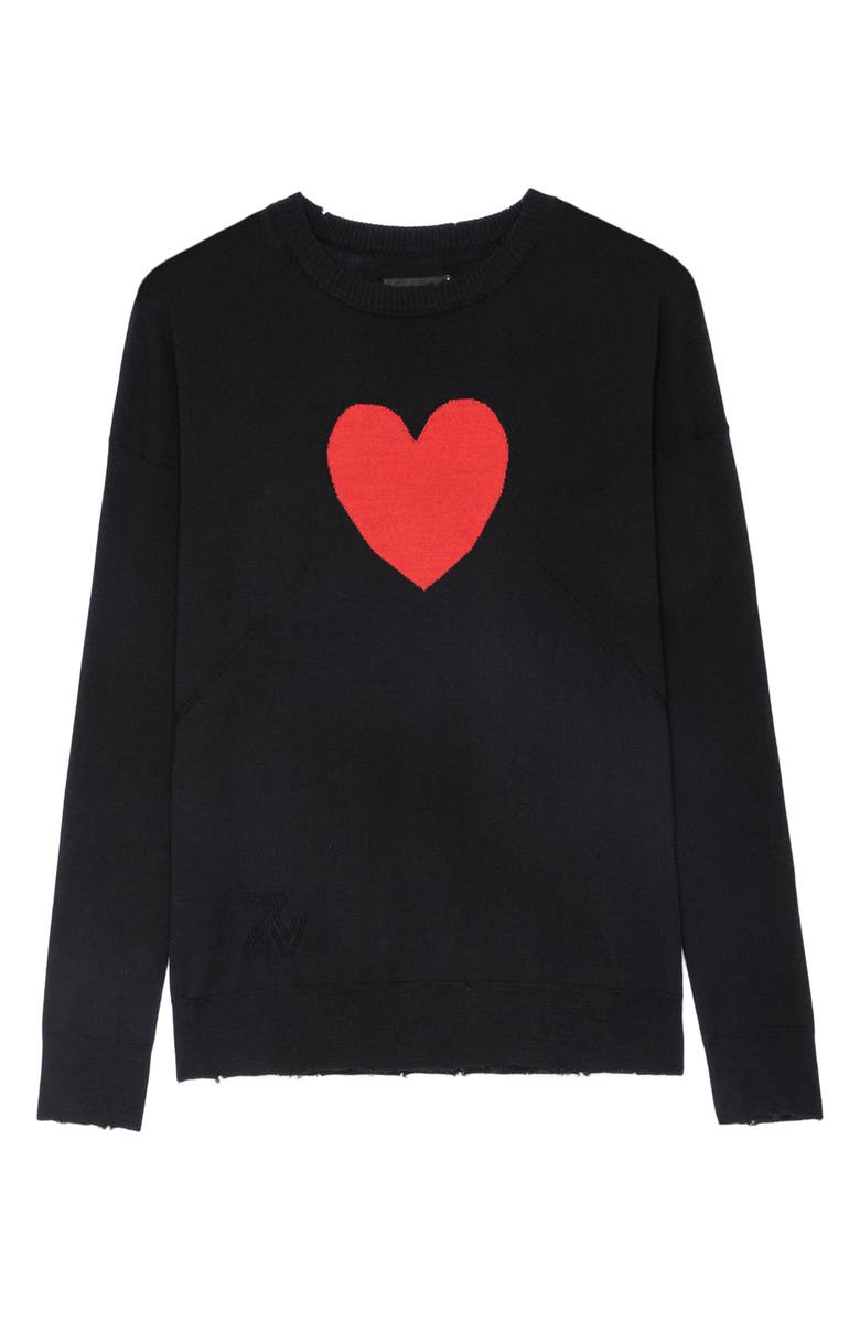 Zadig & Voltaire Gaby Intarsia Heart Wool Crewneck Sweater, Alternate, color, Noir
