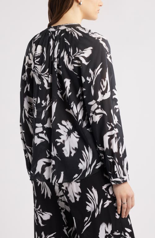 Nordstrom Floral Shirred Button-up Shirt In Black- White Salvage Floral