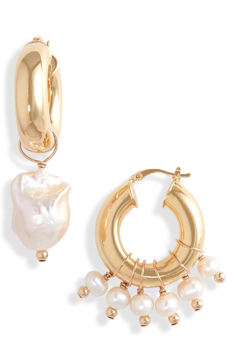 Éliou Enzo Mismatched Baroque Pearl Charm Hoops, Main, color,