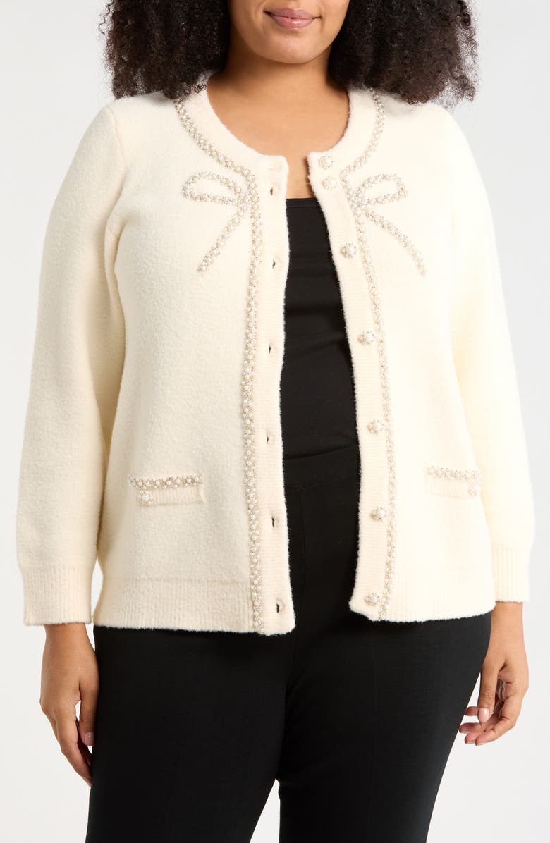 Adrianna Papell Faux Pearl Bow Cardigan, Main, color, Cream