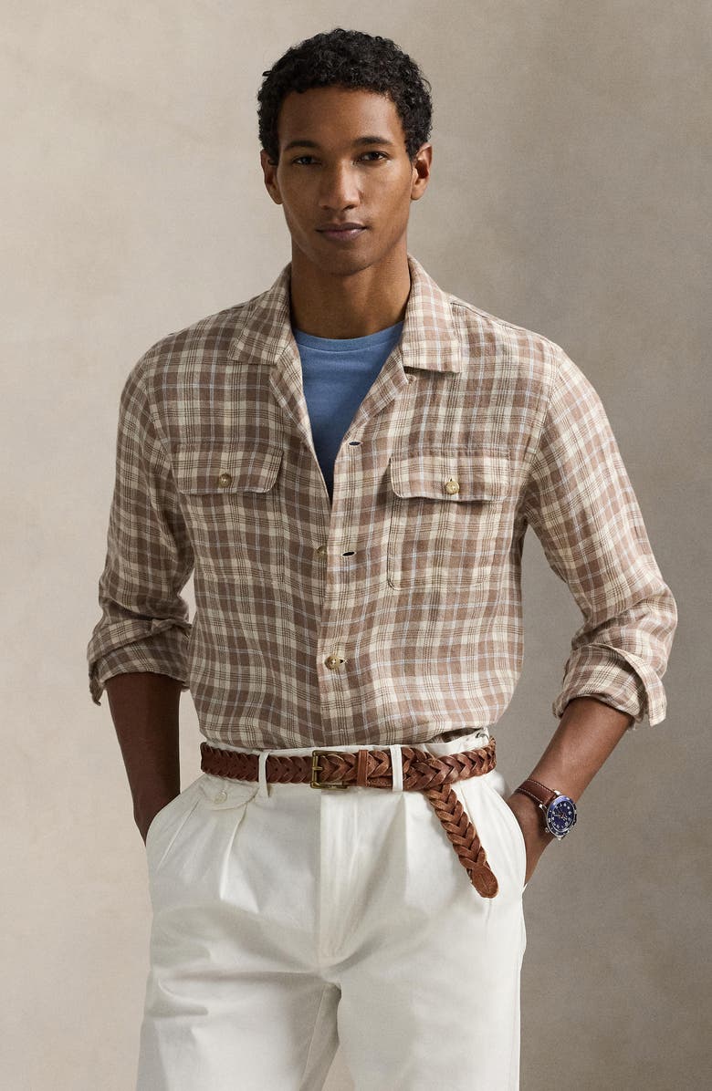 Polo Ralph Lauren Plaid Linen Classic Fit Long Sleeve Camp Shirt, Alternate, color, 