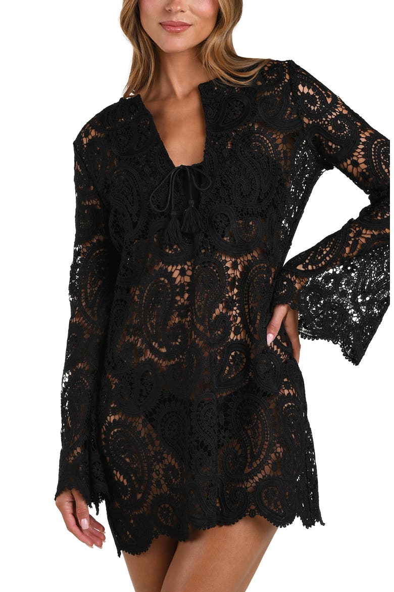Ansley Paisley Long Sleeve Cover-Up Dress, Alternate, color, BLACK