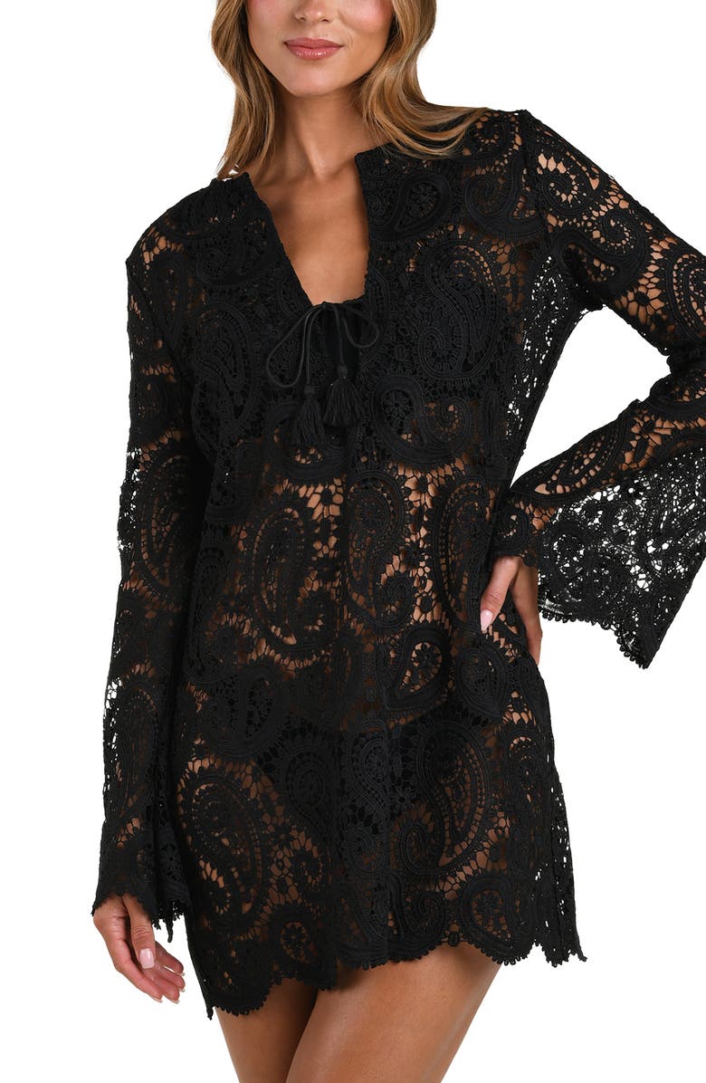 L'AGENCE Ansley Paisley Long Sleeve Cover-Up Dress, Alternate, color, Black