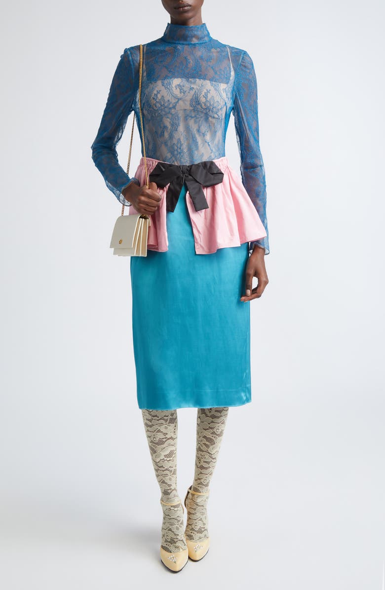 Valentino Long Sleeve Lace & Satin Mock Two-Piece Dress, Main, color, Blue/ Red