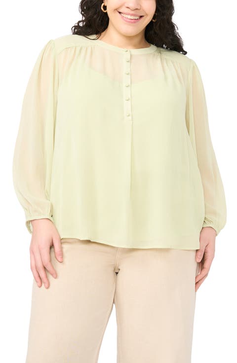 Shirred Yoke Crinkle Chiffon Top (Plus)