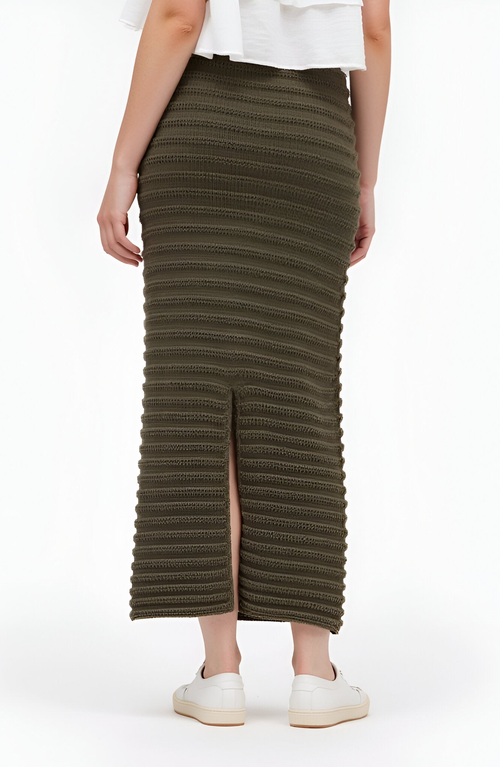 Modenaire Textured Knit Midi Skirt With Ribbed Stripe Pattern And Back Slit In Brown