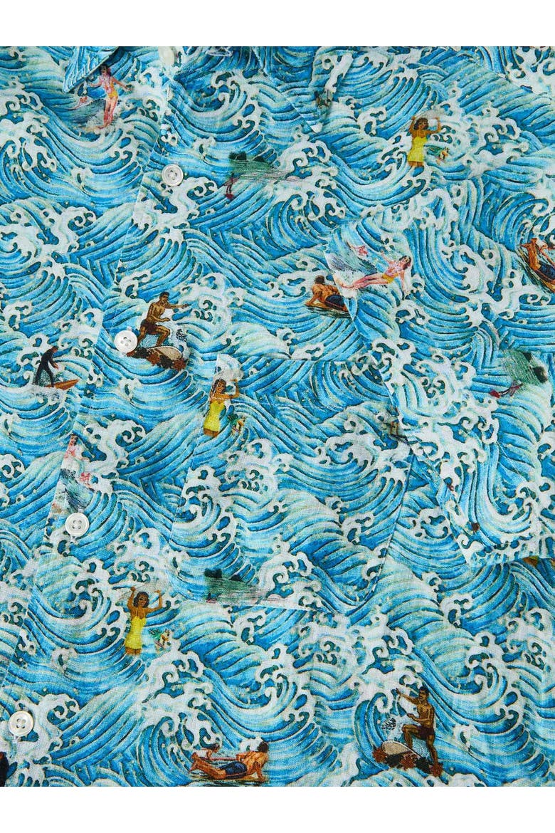 Morgan Surf Printed Linen Short Sleeve Shirt, Alternate, color, Blue Waves