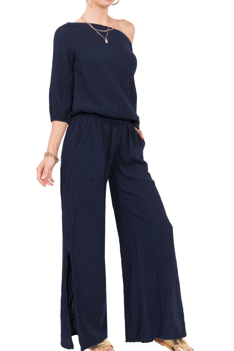 Riley Gauze Split Hem Pants, Alternate, color, NAVY