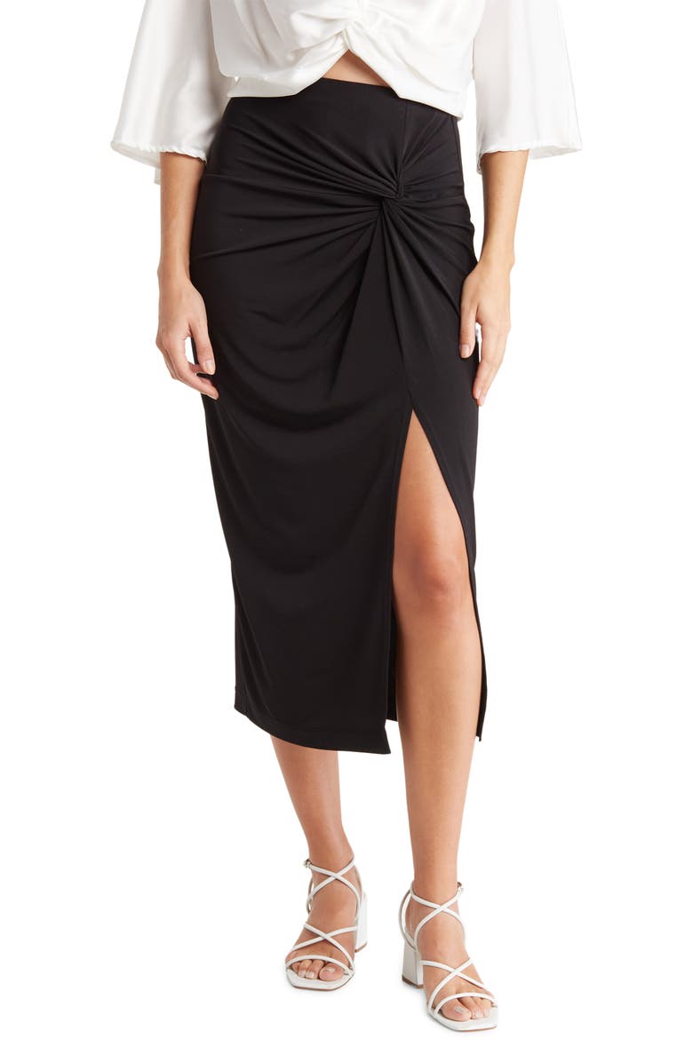 Renee C Ruched Solid Midi Skirt, Main, color, Black