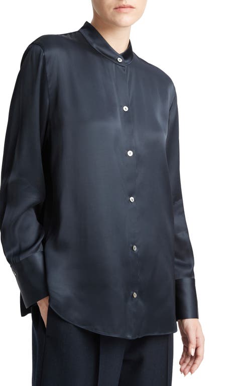 Vince Band Collar Satin Button-up Shirt In Blue