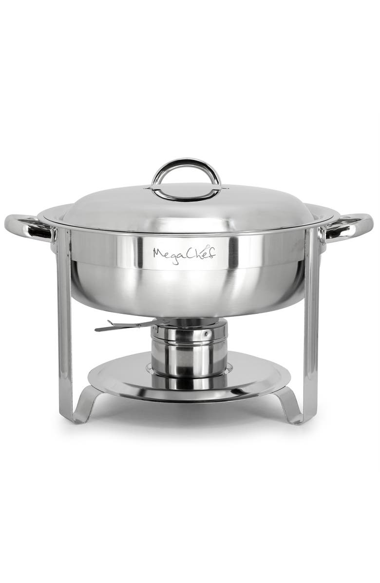 Megachef 5.3 Quart Round Stainless Steel Professional Chafing Dish/Food Warmer/Buffet Server Serving Trays, Alternate, color, Silver