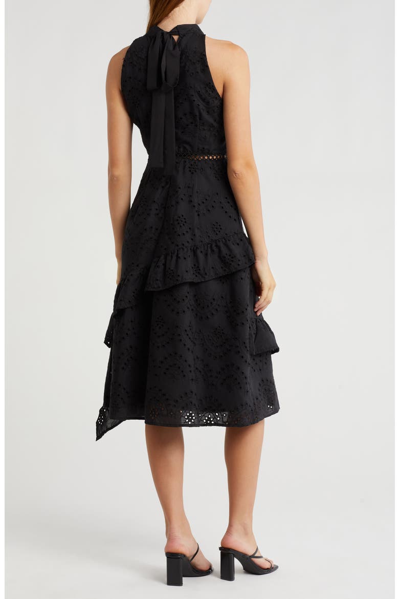 High Neck Eyelet Midi Dress, Alternate, color, BLACK