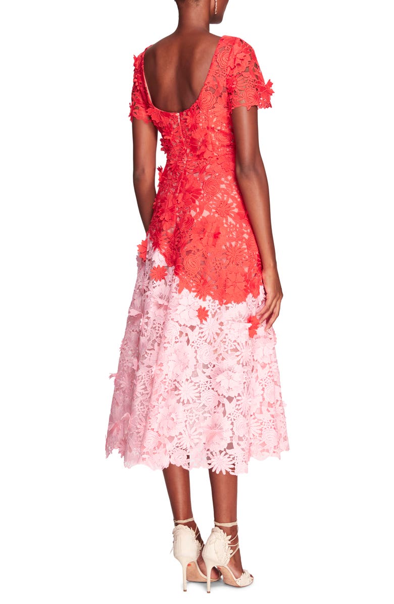 Marchesa Notte Daisies & Dahlia 3D Floral Guipure Lace Midi Dress, Alternate, color, 