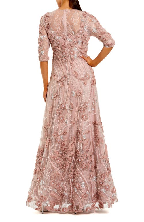 Mac Duggal 3/4 Sleeve High Neck Embroidered A-line Gown In Pink