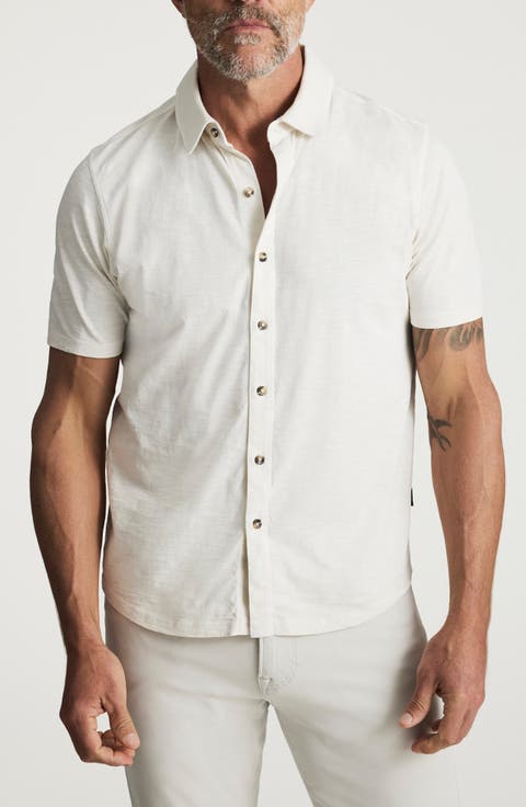 Short Sleeve Slub Cotton Jersey Button-Up Shirt