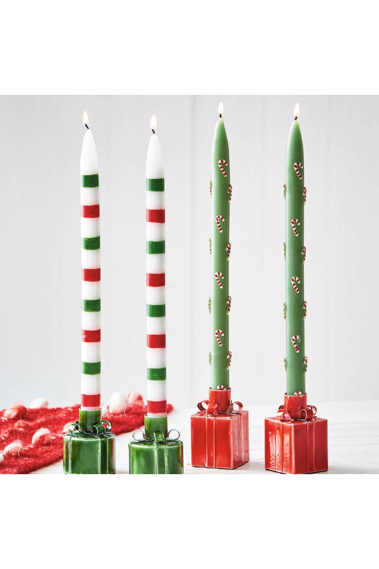 Hand Painted Candy Cane Taper Candles Christmas Green Multi, Alternate, color, Green