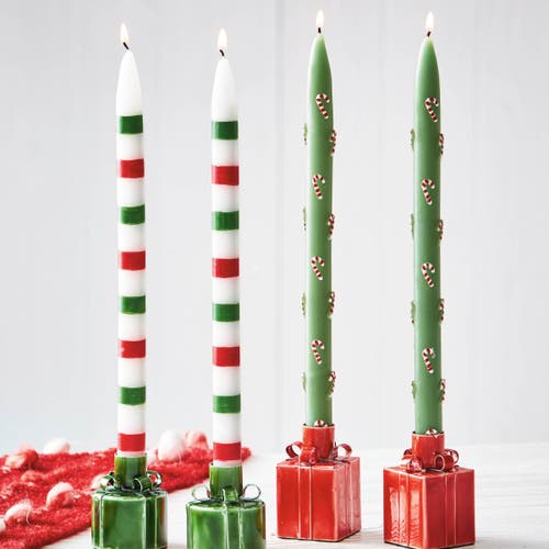 Tag Hand Painted Candy Cane Taper Candles In Green