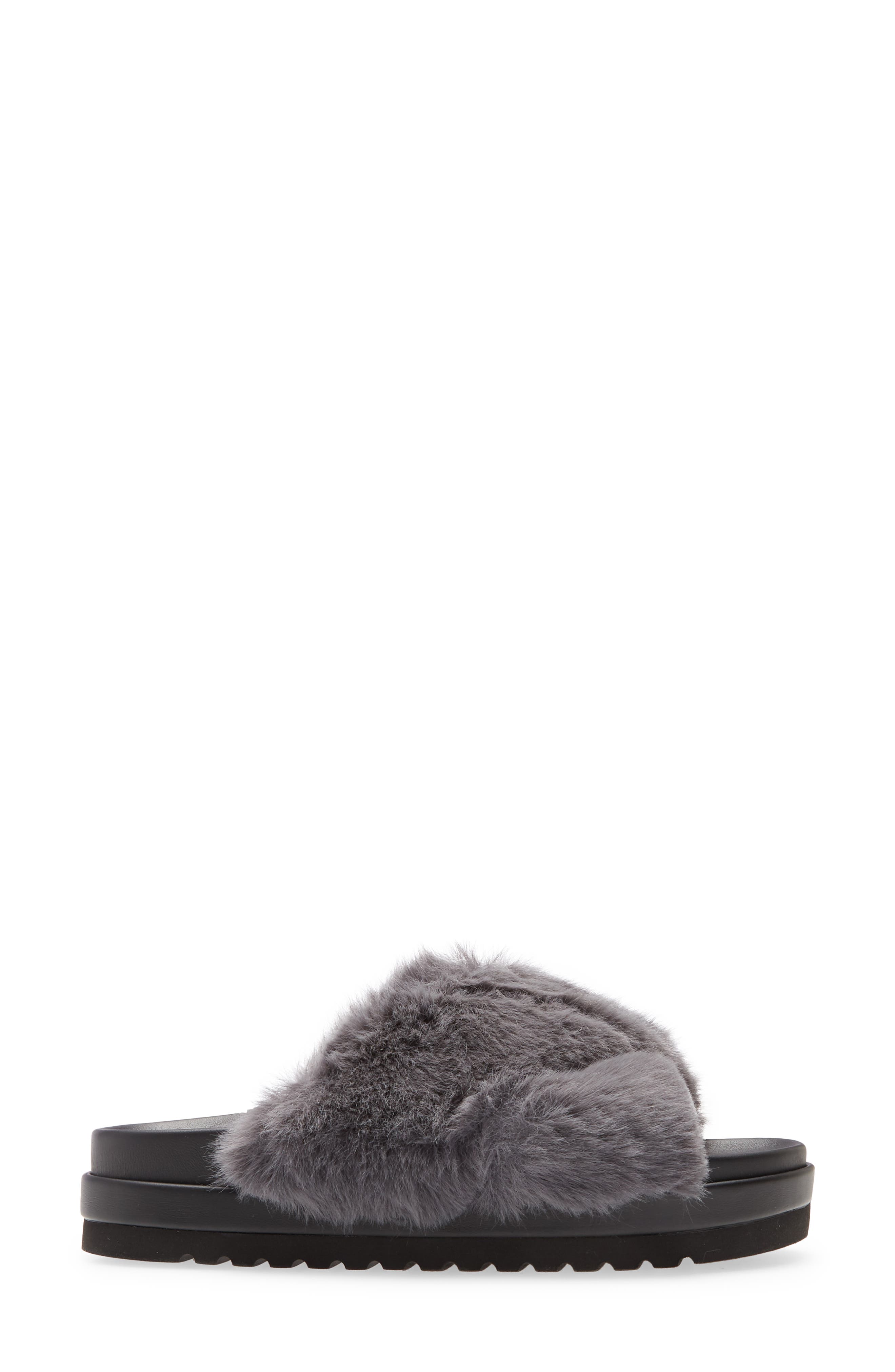 Zoe Cross Band Faux Fur Slide Sandal, Alternate, color, GREY