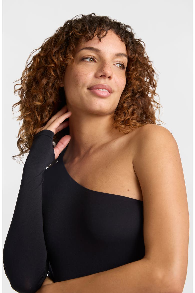 Prima One Shoulder Single Long Sleeve Bodysuit, Alternate, color, BLACK