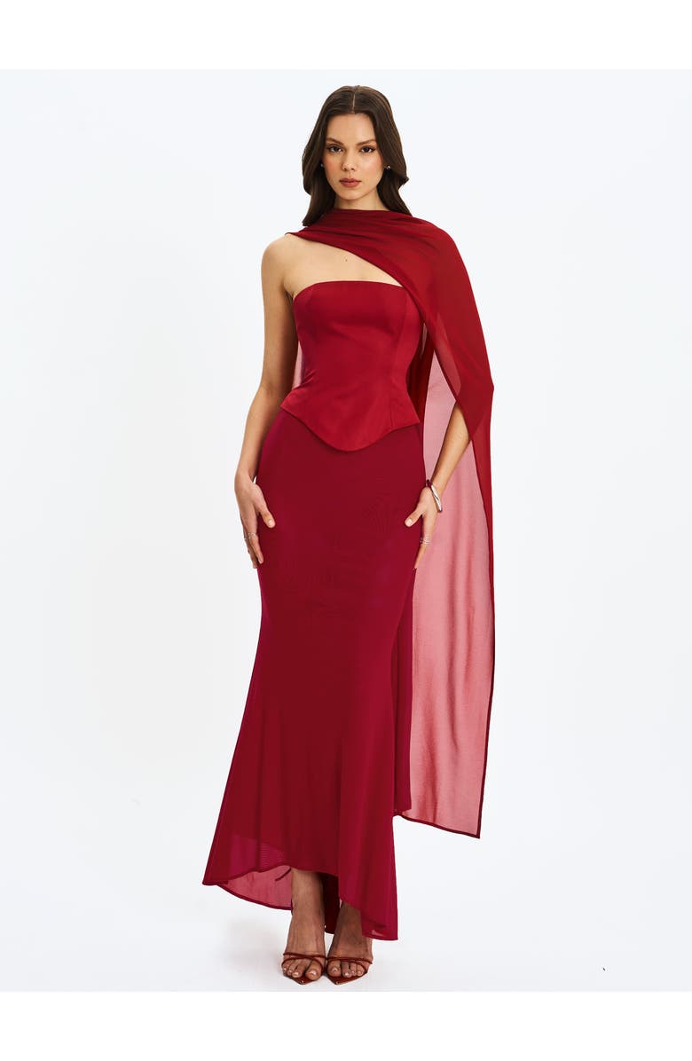 Miss Circle Giselle Peplum Mermaid Gown with Chiffon Scarf, Alternate, color, Crimson