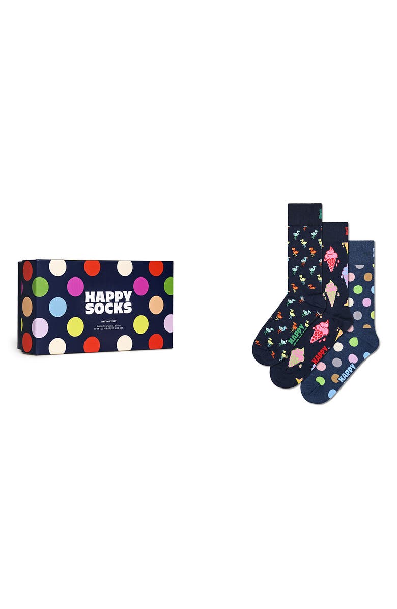 Happy Socks Navy Assorted 3-Pack Crew Socks Gift Box, Main, color, Navy Multi