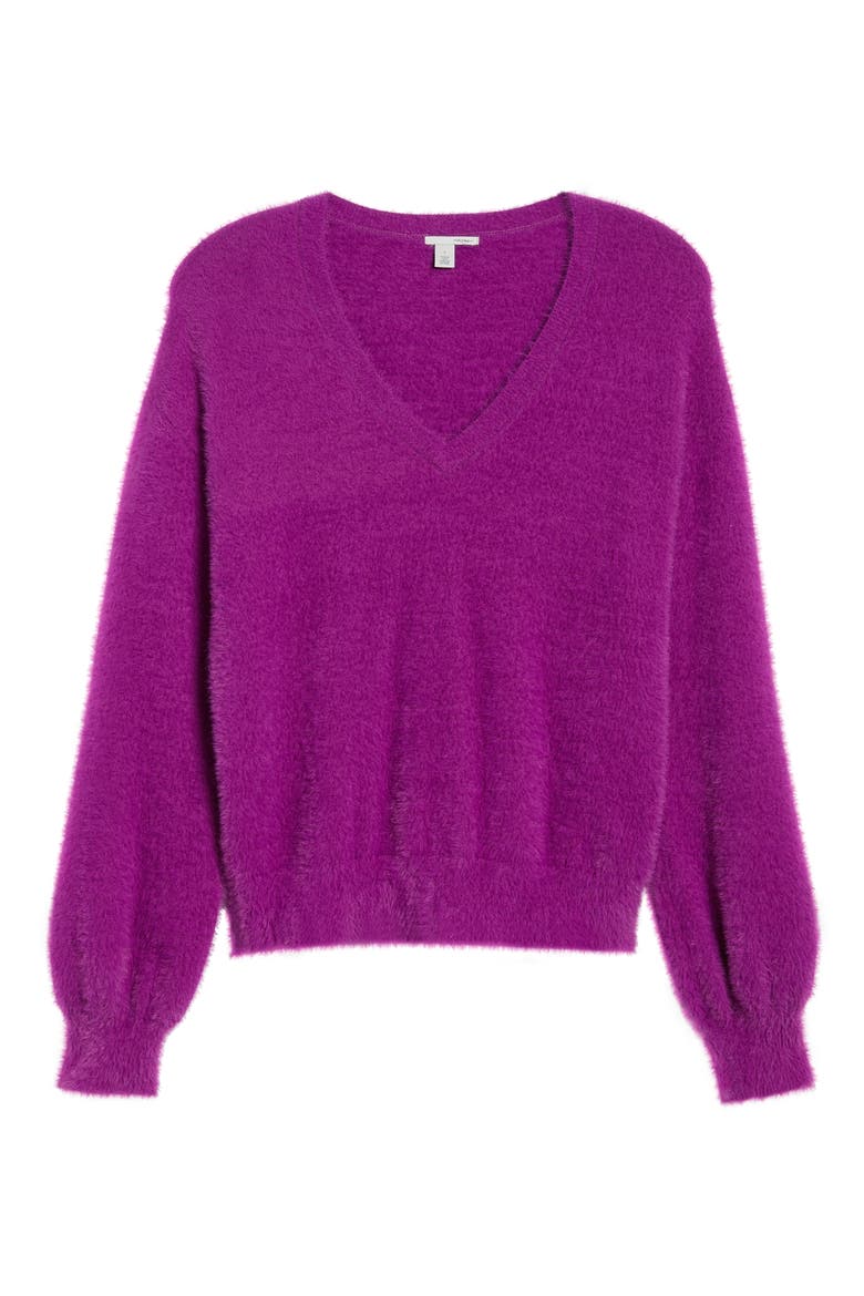 Fuzzy V-Neck Sweater, Alternate, color, PURPLE SPARKLE