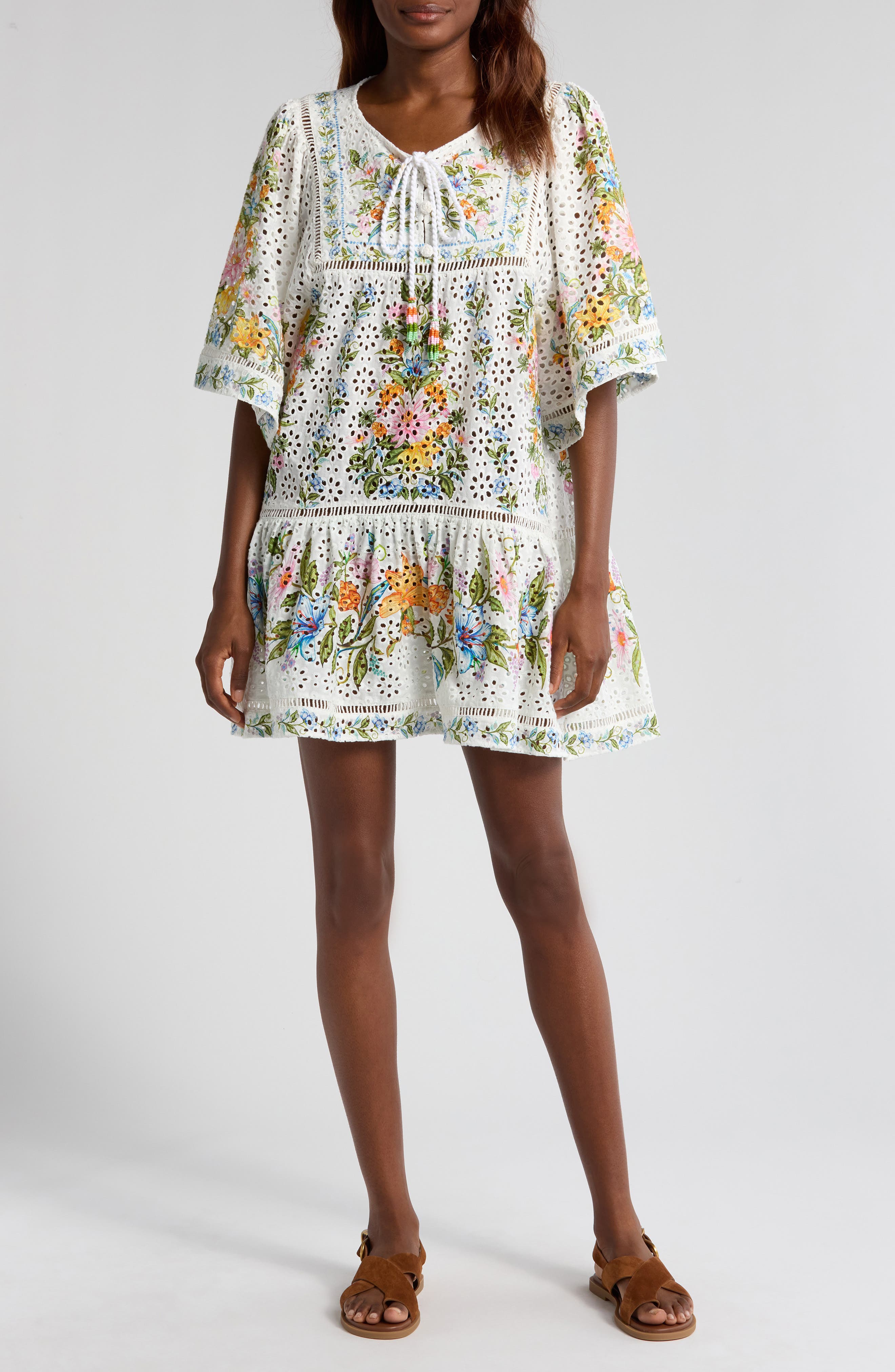 farm rio sweet bloom bouquet short sleeve mini dress Sweet Bloom Bouquet Cotton Eyelet Cover-Up Minidress (Women)