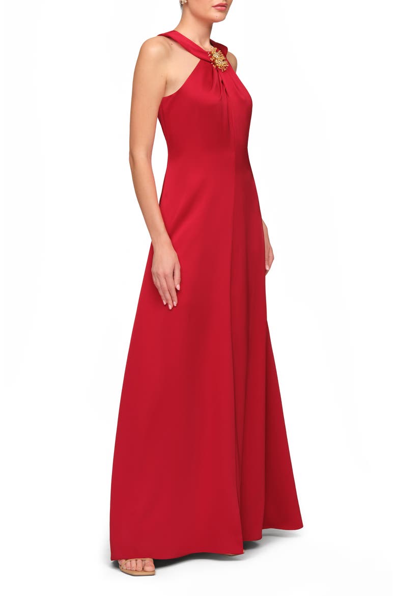Maci Brooch Detail Satin Gown, Alternate, color, CRIMSON