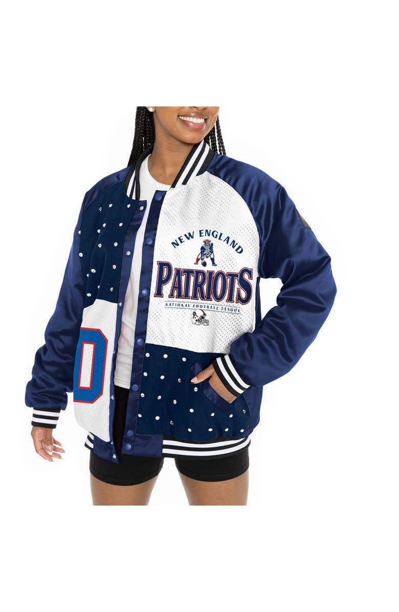 GAMEDAY COUTURE Women's Gameday Couture  Navy/White New England Patriots Oversized Hot Shot Rhinestone Throwback Full-Snap Varsity Bomber Jacket, Alternate, color, 