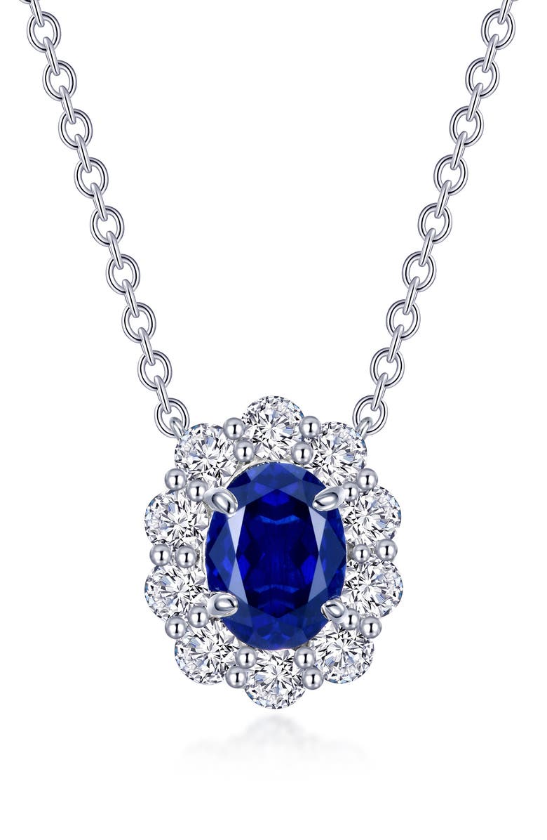 Lafonn Fancy Lab Grown Sapphire Halo Pendant Necklace, Main, color, 
