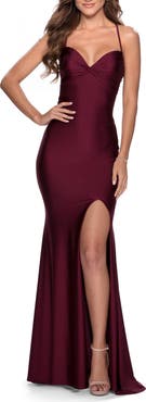La Femme Form Fitting Dress with Ruched Bow Bodice