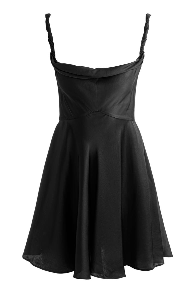 Monique Cowl Neck Twist Strap Satin Minidress, Alternate, color, BLACK