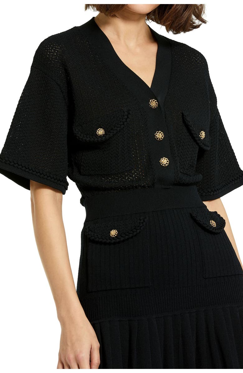 Mac Duggal Short Sleeve Pleated Hem Detail Button Up Sweater Dress, Alternate, color, Black