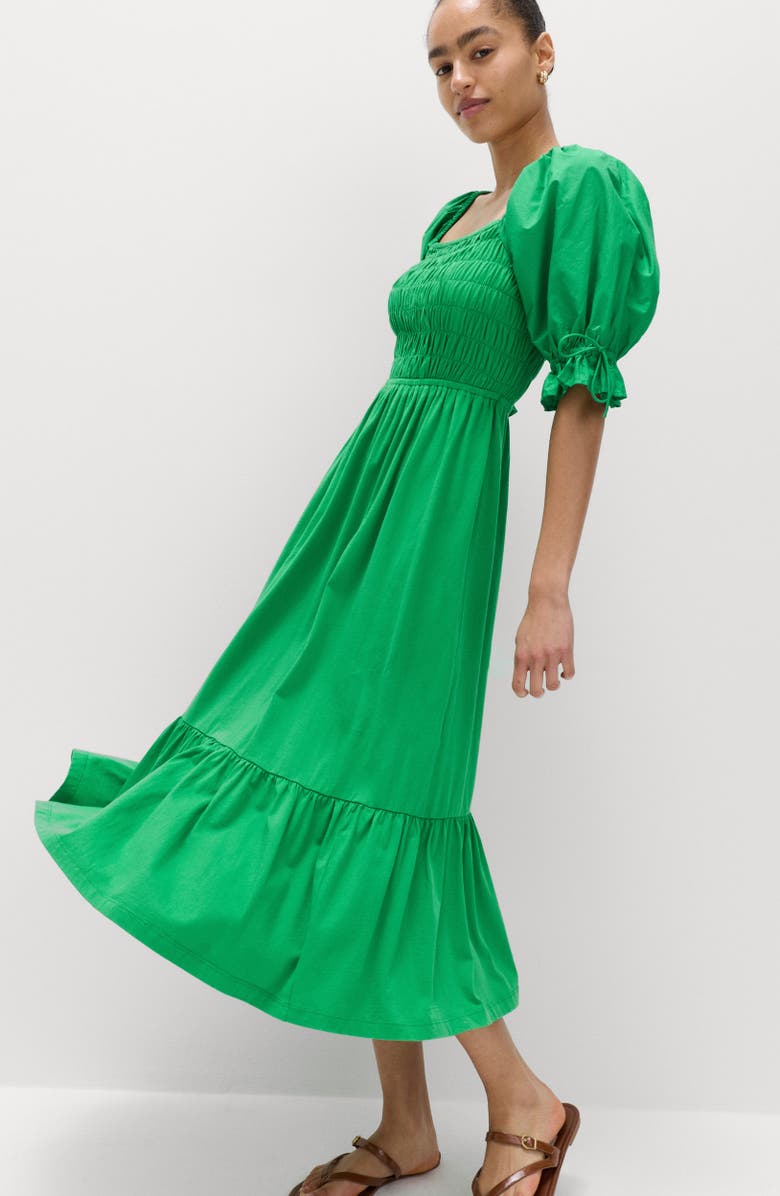 M&S Puff Sleeve Cotton Midi Dress, Alternate, color, Green