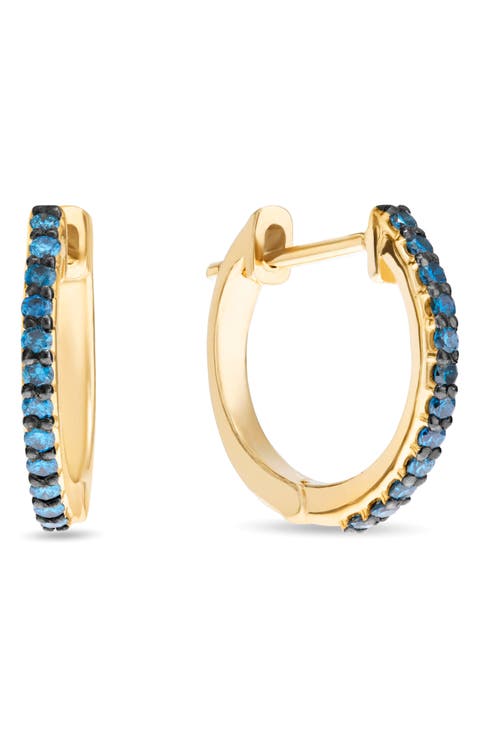 14k Gold Blue Diamond Huggie Hoop Earrings