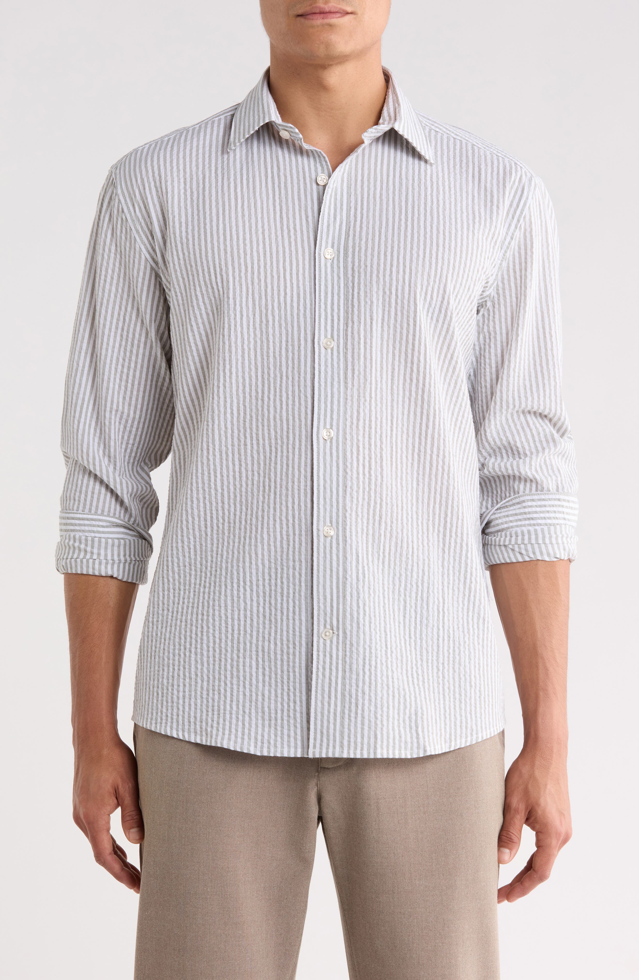 Vertical Stripe Long Sleeve Button-Up Shirt