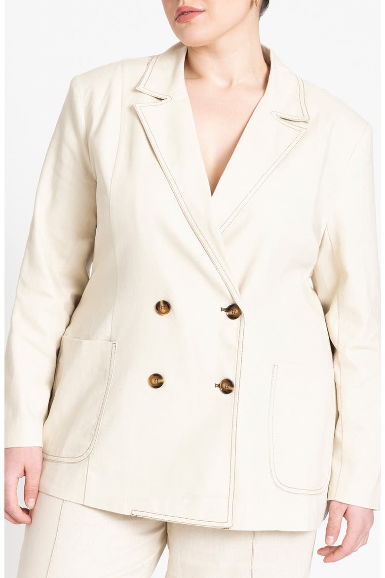 Topstitch Detail Double Breasted Linen Blend Blazer, Main, color, NEUTRAL