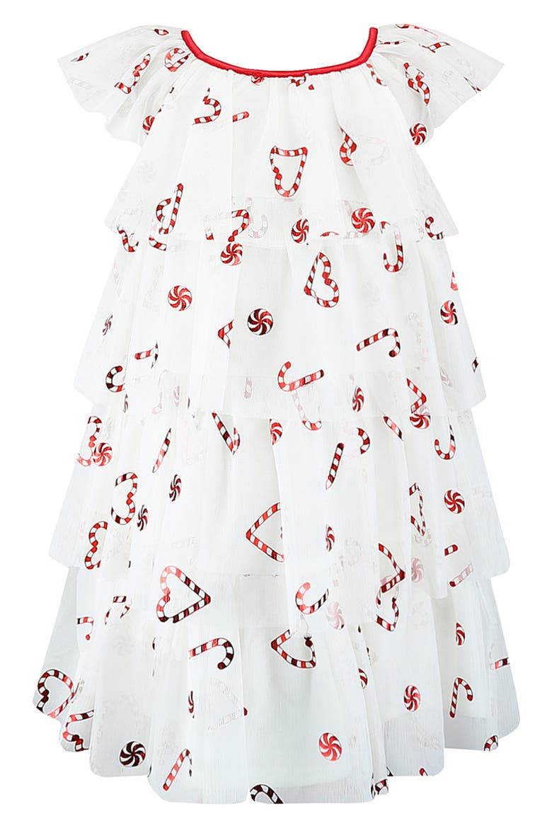 Kids' Foil Print Tiered Mesh Flutter Sleeve Dress, Alternate, color, IVORY/ RED