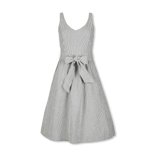Hope & Henry Organic A-line Dress With Sash In Navy And White Seersucker