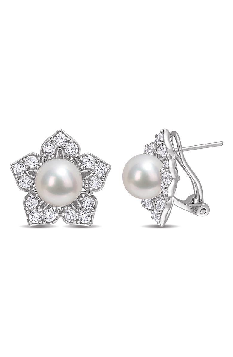 DELMAR Sterling Silver White Sapphire 8.5-9mm Cultured Freshwater Pearl Floral Stud Earrings, Main, color, 