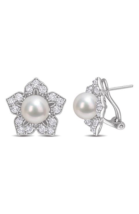 Sterling Silver White Sapphire 8.5-9mm Cultured Freshwater Pearl Floral Stud Earrings
