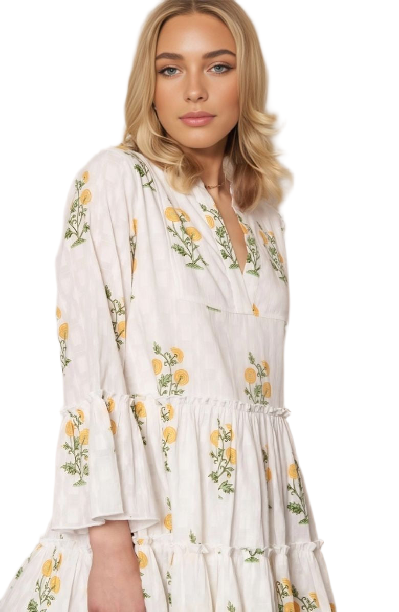 Knit and Lounge Floral Embroidered Tiered Bell Sleeve Mini Dress, Alternate, color, White / Yellow Floral
