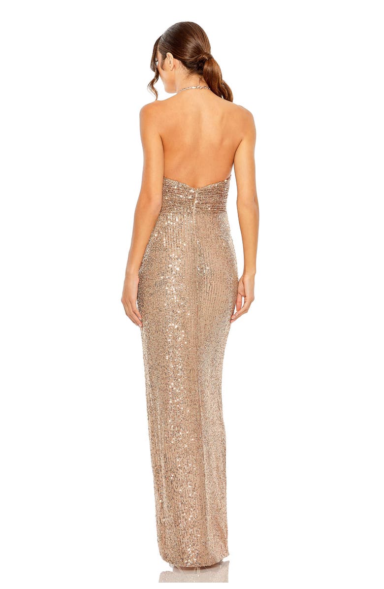 Mac Duggal One Shoulder Ruched Side Front Slit Sequin Gown, Alternate, color, Copper