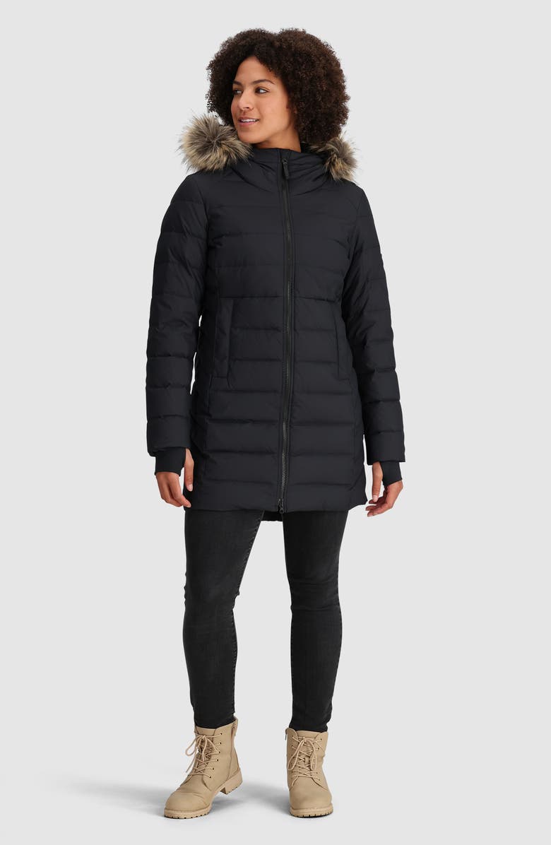 Outdoor Research Coze Lux 700 Fill Power Down Parka with Faux Fur Trim Hood, Alternate, color, Black